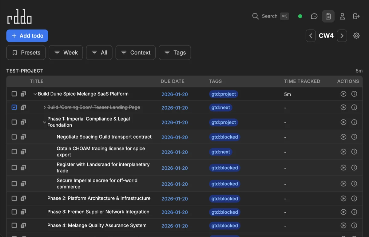 Eddo GTD-style todo table with subtasks, GTD tags, due dates, and time tracking
